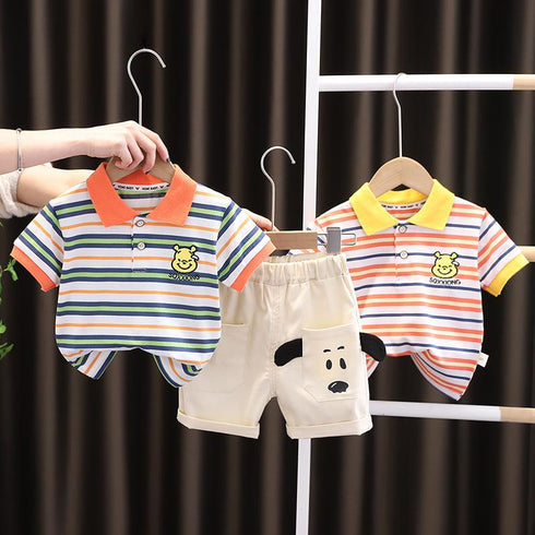 Children's bear stripe cartoon Polo Shirt Short Sleeve two-piece baby shorts